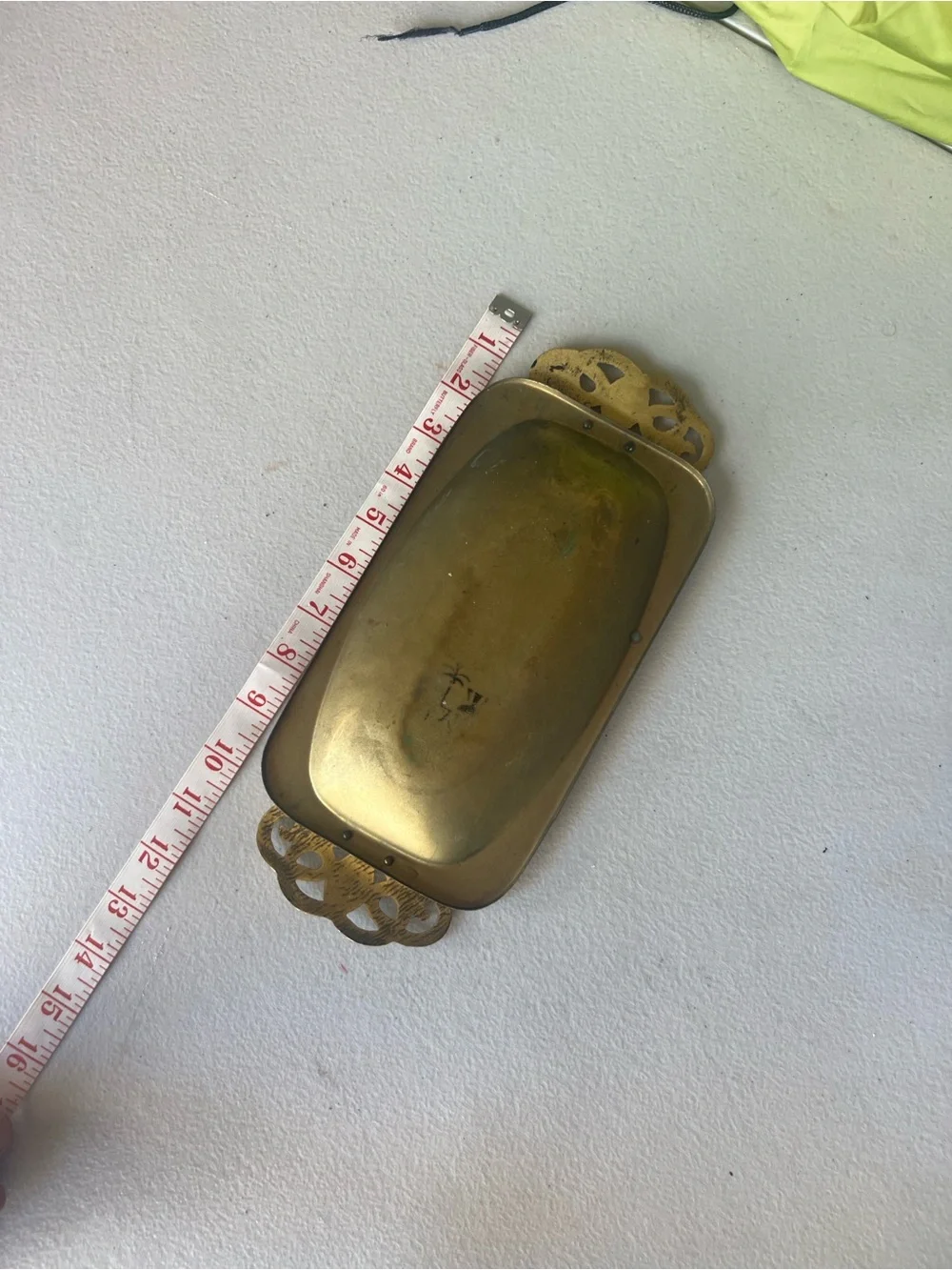 Vtg Mid Century Israel Brass Trinket Dish Green Enamel Jerusalem Souvenir Tray